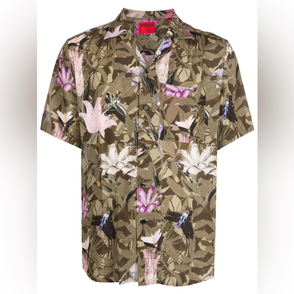 145 HUGO BOSS Men's Ellino Floral Print Straight Fit Shirt - Green, Medium